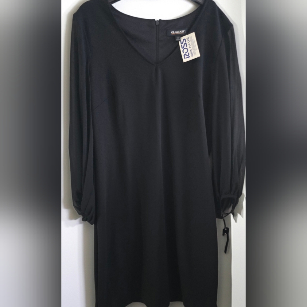 Women's Black V Neck Dress With Sheer Sleeves Size 8